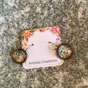 Autumn Fall Floral Glass Cabashon  Artistic Creations Handcrafted Earrings NWT